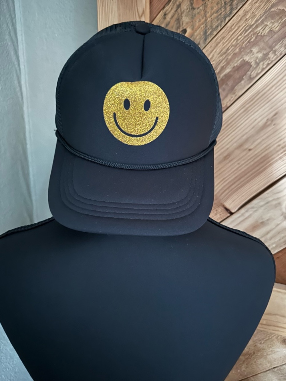 Black Trucker Hat with Gold Glitter Smiley